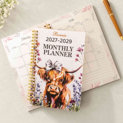Personalized Name Highland Cow 2027-2029 Monthly Planner Notebook, A5 Spiral Progress Journal, Birthday Gift for Highland Cow Lovers/Colleagues/Her