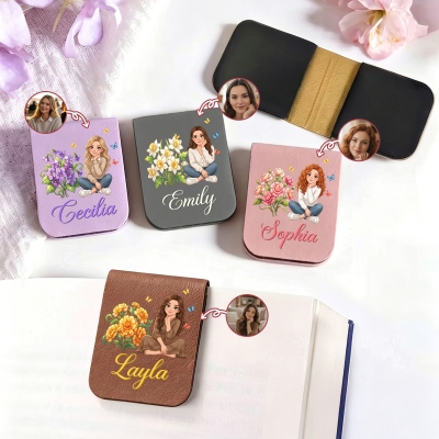 Personalized Butterfly Birth Flower Hand-Drawn Cartoon Photo Magnetic PU Leather Bookmark Clip with Name, Birthday Gift for Book Lovers Women
