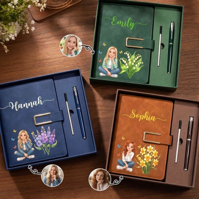 Personalized Birth Flower Hand-Drawn Style Cartoon Photo PU Leather Notebook Pen Gift Box Set with Name, Birthday Gift for Women