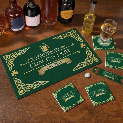 Personalized Vintage Irish Pub Bar Mat/Coaster/Bottle Opener Set with Pub Name and Year, Bar Accessories, Birthday/Christmas Gift for Men/Beer Lovers
