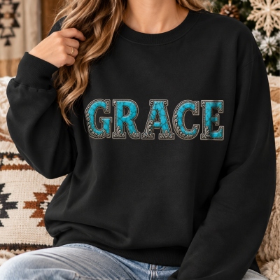 Custom Name Turquoise Silver Scrollwork Letters Sweatshirt/Pullover Hoodie, Western Style Fall Winter Top, Birthday/Christmas Gift for Family/Friends