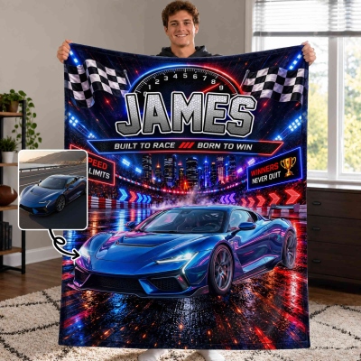 Personalized Fantasy Racing Car Photo Soft Throw Blanket with Name, Home Decor, Racing/Birthday Gift for Racing Lovers