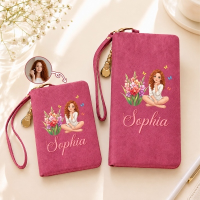 Personalized Birth Flower Cartoon Character Photo PU Leather Tri-Fold Wallet with Name and Wrist Strap, Birthday/Anniversary Gift for Women