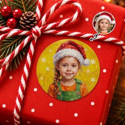 Personalized Christmas Theme Oil Painting Kid Character Photo Waterproof Sticker with Name, Christmas Party/Holiday Gift for Boys/Girls/Children