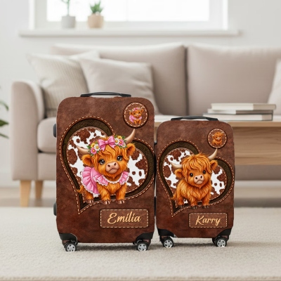 Custom Name Heart Highland Cow Luggage Cover, Suitcase Protector, Travel Accessory, Birthday/Christmas Gift for Family/Friends/Highland Cow Lovers