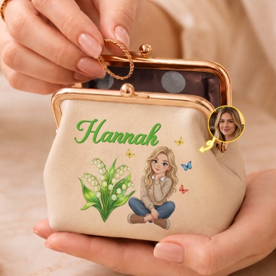 Personalized Multicolor Birth Flower Character Photo PU Leather Coin Purse with Name, Daily Use, Birthday/Anniversary Gift for Girlfriends/Sisters/Women