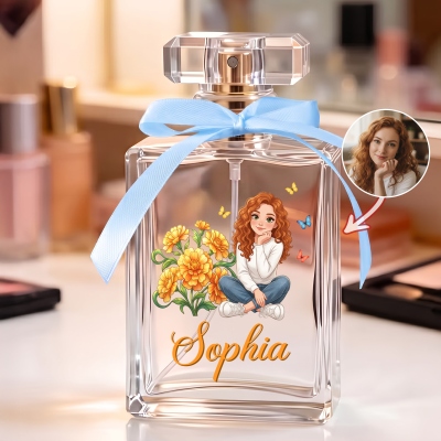 Personalized Birth Flower Cartoon Character Photo 2 oz Perfume Bottle with Name and Ribbon, Birthday/Wedding Gift for Woman/Bride/Friend