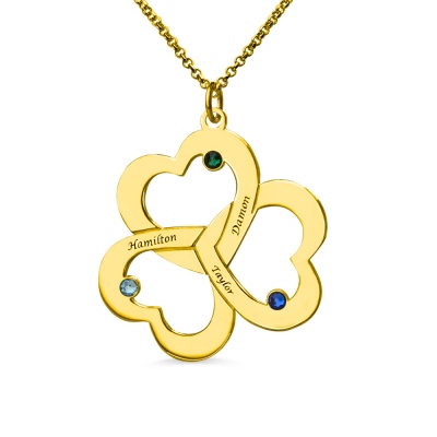 Birthstone Triple Heart 3 Names Necklace Engraved in Gold