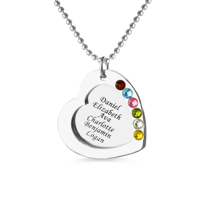 Heart Family Names Necklace With Birthstones Sterling Silver