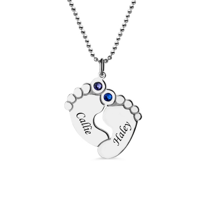 Personalized Baby Feet Name Necklace with Birthstone Silver