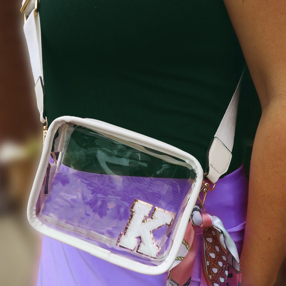 Personalized Clear Bag with Chenille Letters, Clear Crossbody Bag, Stadium Approved, Stadium/Concerts/Festivals/Gameday Bag, Gifts for Besties/Friends