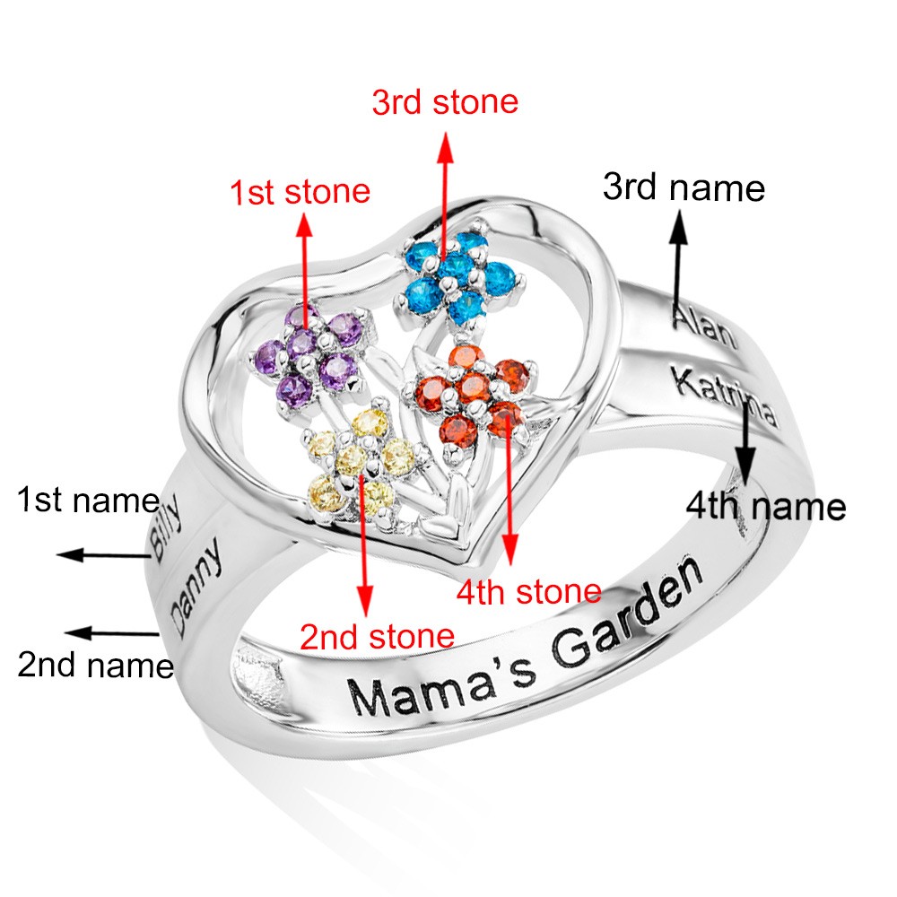 Custom 1-8 Birthstone Flower Ring with Engraving, Our Family Is A Garden Of Love Heart Ring, Flower Design Garden Family Ring for Grandmother/Mother