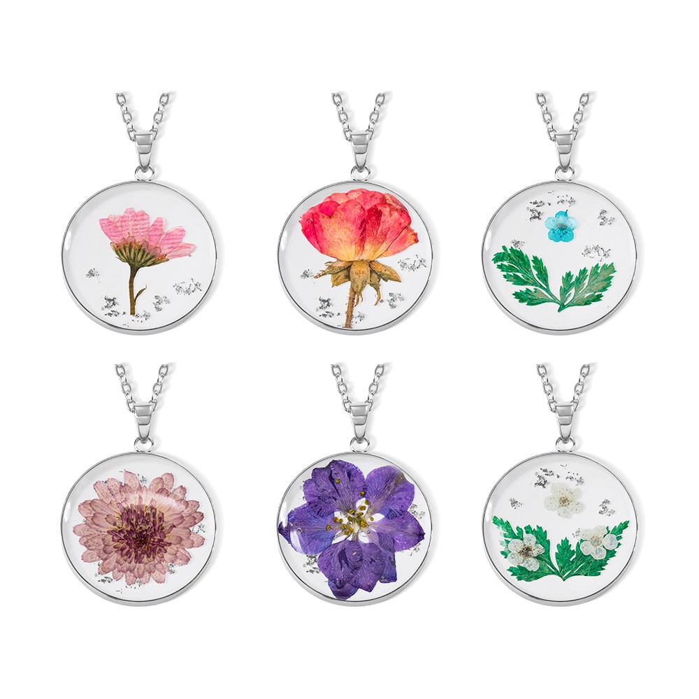 Personalized Birth Flower Necklace, Dried Pressed Flower Resin Necklace, Customized Round Pendant Jewelry, Birthday Gifts, Gifts for Women