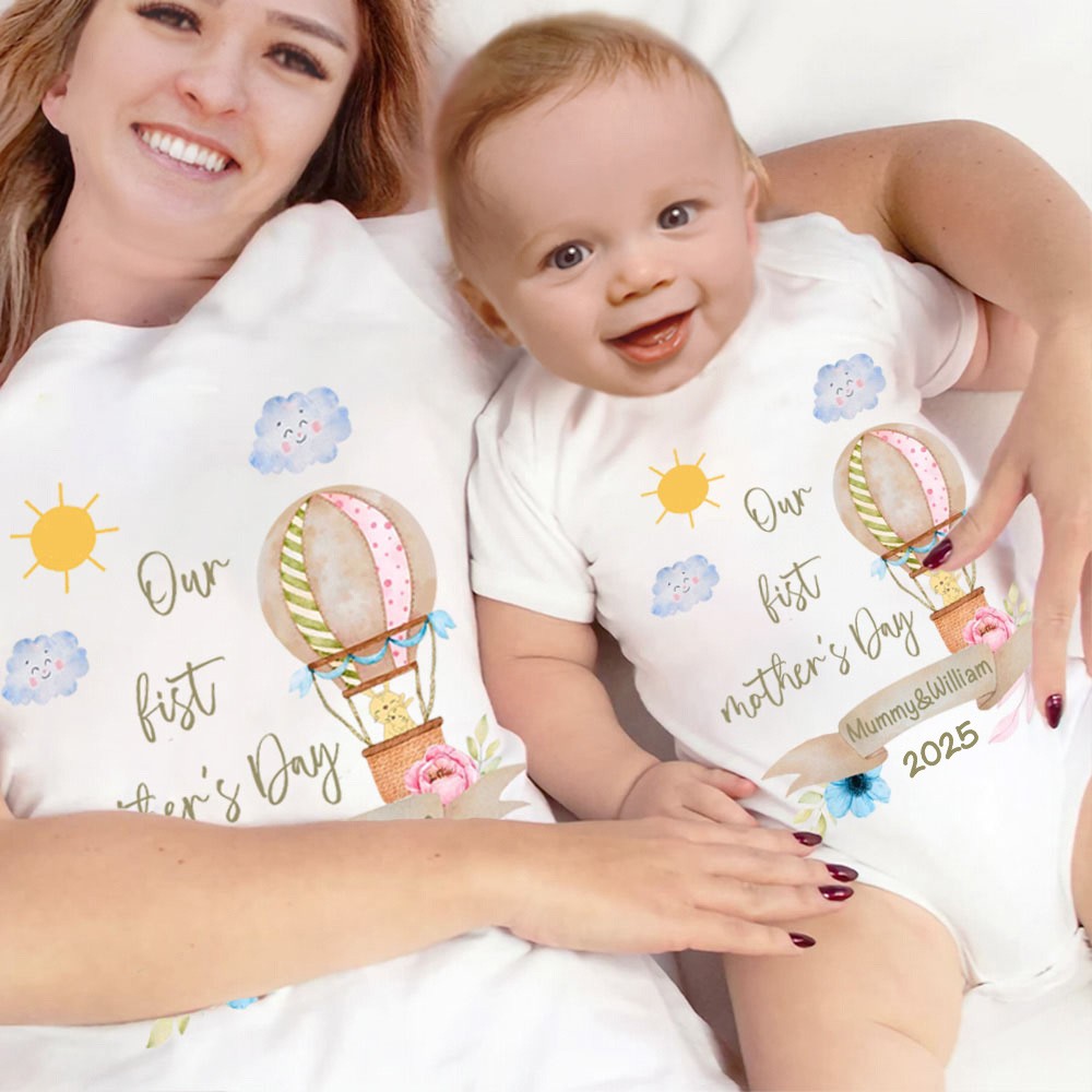 Custom Cute Bear Bunny Giraffe 100% Cotton T-Shirt and Baby Onesie, Our First Mother's Day Mom & Baby Set, First Mother's Day Gift for Newborn New Mom