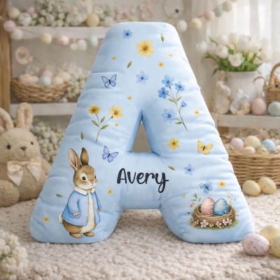 Personalized Easter Rabbit Letter Pillow with Name, Spring Floral Initial Cushion with Bunny, Nursery Decor, Easter/Birthday Gift for Kids/Boys/Girls