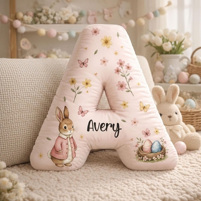 Personalized Easter Rabbit Letter Pillow with Name, Spring Floral Initial Cushion with Bunny, Nursery Decor, Easter/Birthday Gift for Kids/Boys/Girls