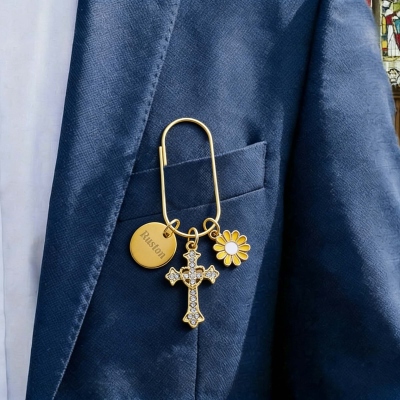 Personalisierte Mini-Büroklammer mit Namensgravur, Kreuz- und Gänseblümchenanhänger, elegantes Lesezeichen aus Metall, christliches Planeraccessoire, Geschenk für Sie/Buchliebhaberinnen