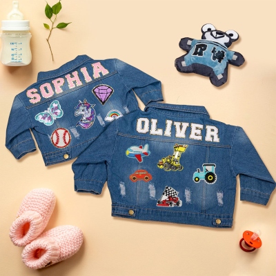 Personalized Chenille Letter Patch Jean Jacket, Custom Cute Icon Patch Toddler Denim Jacket, DIY Decoration, Birthday Gift for Boy/Girl/Kid