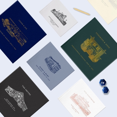 Gastenboek met een schets van de trouwlocatie, inclusief namen en datum. Elegant, met lijntekeningen van de namen van het bruidspaar. Een perfect cadeau voor pasgetrouwden/koppels.