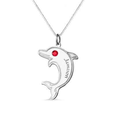 Dolphin Necklace with Birthstone & Name Sterling Silver