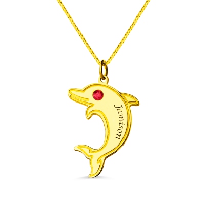 Dolphin Pendant Name Necklace with Birthstone 18k Gold