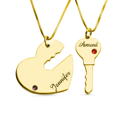 (Set of 2)Custom Key to My Heart Pendant Necklaces with Engraved Name & Birthstone, Sterling Silver 925 Jewelry, Valentine's Day Gift for Couple/Wife