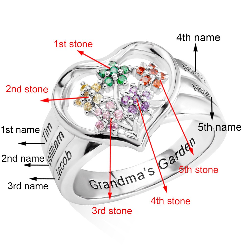 Custom 1-8 Birthstone Flower Ring with Engraving, Our Family Is A Garden Of Love Heart Ring, Flower Design Garden Family Ring for Grandmother/Mother