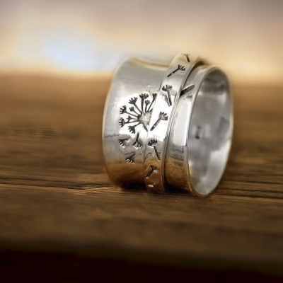 Dandelion Flower Fidget Spinner Ring, Sterling Silver 925 Anxiety Ring, Gift For Her, Holiday Gift, Personalized Gift for Friend