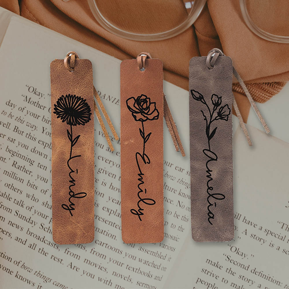 Marcador de página personalizado com flor de mês de nascimento, marcador floral personalizado de couro vegano, presente de aniversário/melhor amigo/formatura para irmã/amigos/amante