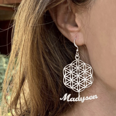 Custom Name 3D Flower of Life Dangle Earrings, Sterling Silver 925/Stainless Steel Sacred Geometry Jewelry, Birthday/Mother's Day Gift for Women/Girls