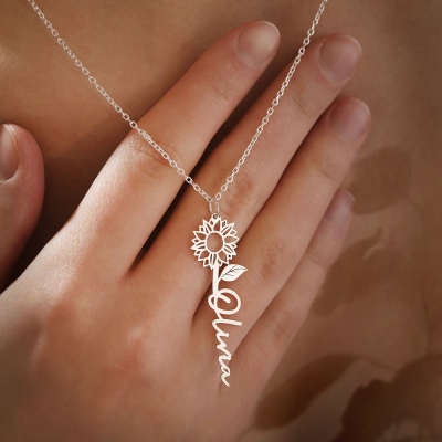 Personalized Name Sunflower Necklace, Sterling Silver 925 Necklace, Dainty Name Necklace, Sunflower Gifts for Women, Birthday/Mother's Day Gift