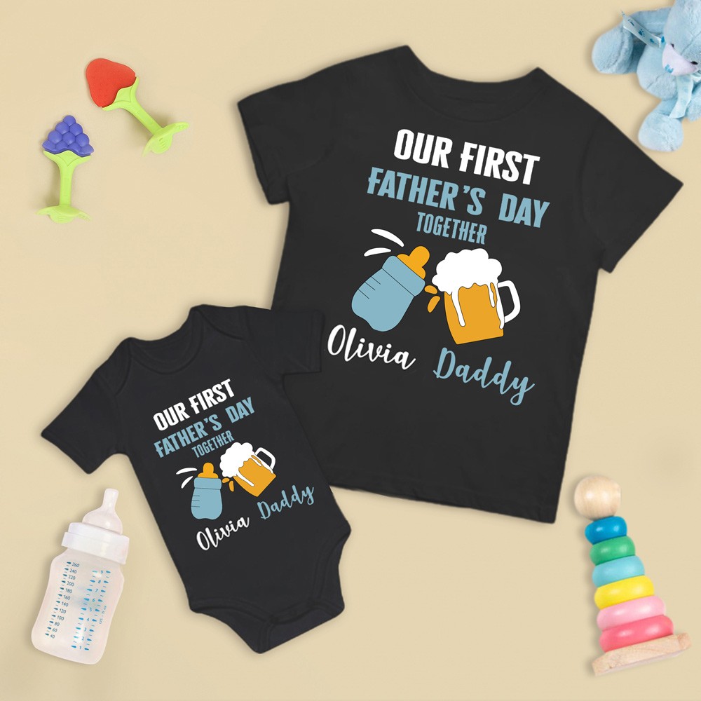 Custom Name Father and Baby Matching Set, Our First Father's Day Together 2024 Shirt, 100% Cotton Shirt, Father's Day Gift for Baby New Dad
