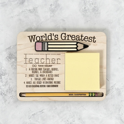 Soporte de notas adhesivas personalizado "World's Greatest Teacher", soporte de lápiz personalizado, conjunto de notas adhesivas y lápiz de nombre, regalos del día del maestro, regalos para maestros