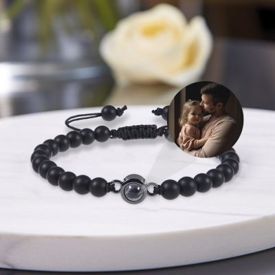 Anpassad fotoprojektion Justerbart tigerögaarmband, naturliga runda kristallära ädelstensarmband, födelsedags-/farsdagspresent för män