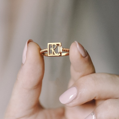 Custom Birthstone Letter Ring, Tiny Ring, Square  Minimalist Ring, Skinny Letter Ring, Gift for Her/Girl