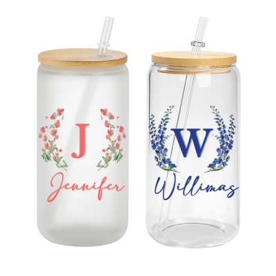 Custom Birth Flower Glass with Name, Floral Tumbler with Lid and Straw, Iced Coffee Cup, Beer Can Glass, Coffee Lover Gift, Gift for Mom/Bridesmaid