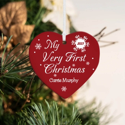 Personalized Baby's Very First Christmas Ornament, Custom Baby's Birth Info Ceramic Heart Charm Holiday Decor, Christmas Gift for Newborn/Baby