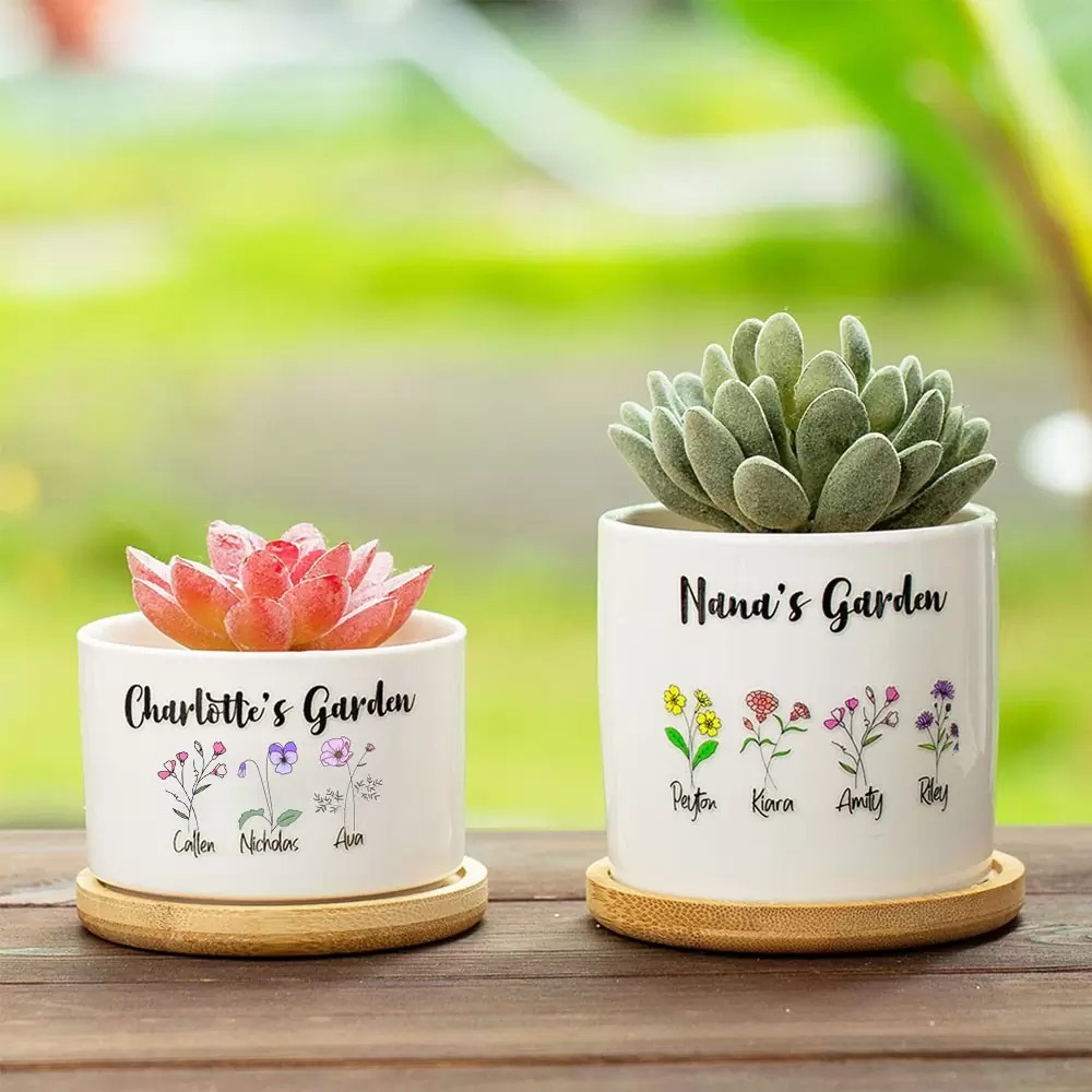 Flower Planter with Custom Birthflower, Succulent Plant Pot Garden Gift for Grandma/Mom