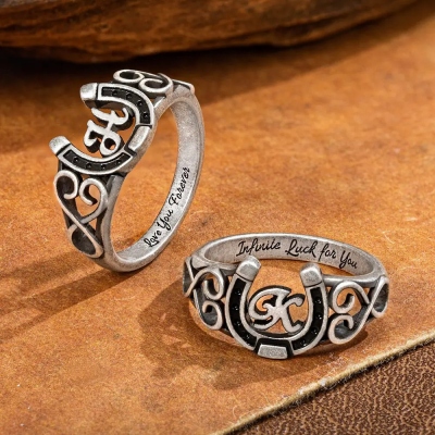 Custom Initial Horseshoe Ring with Inner Band Engraving, Sterling Silver 925 Horse Jewelry, Birthday/Graduation/Mother's Day Gift for Family/Friends