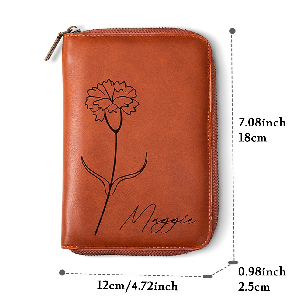 Personalized Birth Flower Leather Travel Journal Organizer, Padfolio with Pencil Holder, Notepad with Zipper Lock, Planner Case, A6 Notebook Cover