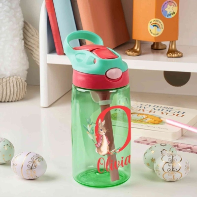 Personalized Name Peter Rabbit Bunny Alphabet Water Bottle, 16oz Kids' Cup with Silicone Straw & Handle, Birthday/Easter Gift for Kids/Girls/Boys