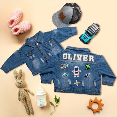 Personalized Chenille Letter Patch Jean Jacket, Custom Cute Icon Patch Toddler Denim Jacket, DIY Decoration, Birthday Gift for Boy/Girl/Kid