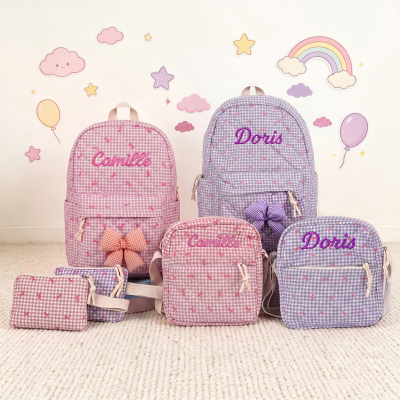 Personalized Quilted Embroidered Bow Backpack Set with Name, Student Backpack Lunch Bag Pencil Bag, School Supplies, Birthday Gift for Girls