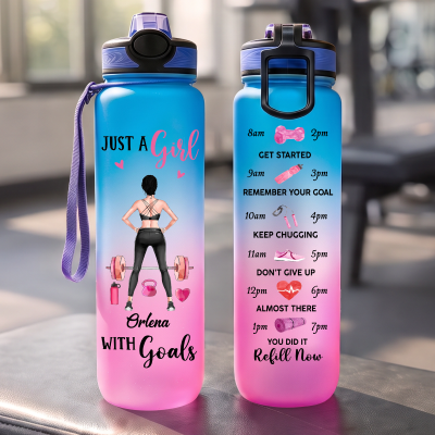 Custom Name Just a Girl with Fitness Goals Gradient Water Bottle with Time Marker, 32oz BPA-Free Leak-Proof Sports Bottle, Gift for Fitness Lovers