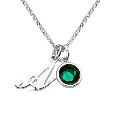 Customized Sterling Silver Birthstone Charm Initial Letter Necklace