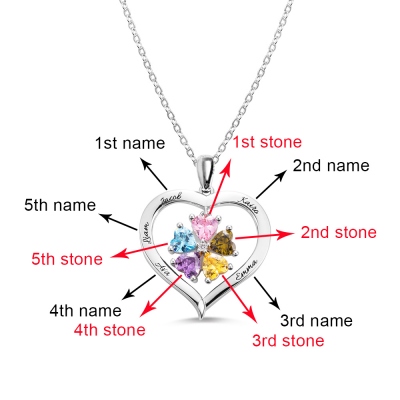 Personalized Heart Birthstone Necklace with Engraving in Silver
