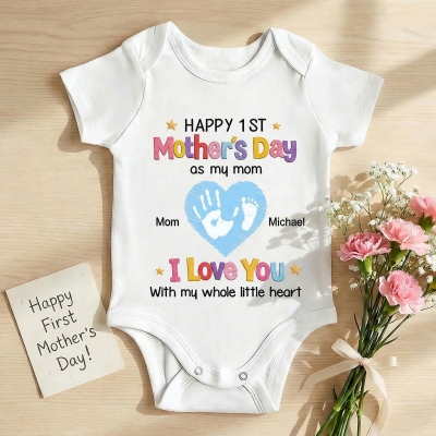 Custom Names I Love You with My Whole Little Heart Baby Bodysuit, Cotton Short Sleeve 1st Mother’s Day Baby Onesie, Mother’s Day Gift for Newborns