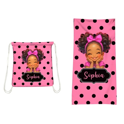 Custom Name Cartoon Black Girl Polka Dots Beach Towel with Rope, Quick Dry 2-in-1 Foldable Bath Towel Bag, Gift for African American Little Girls