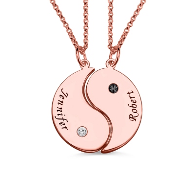 Couples Yin Yang 2 Names Necklace with Birthstone Rose Gold
