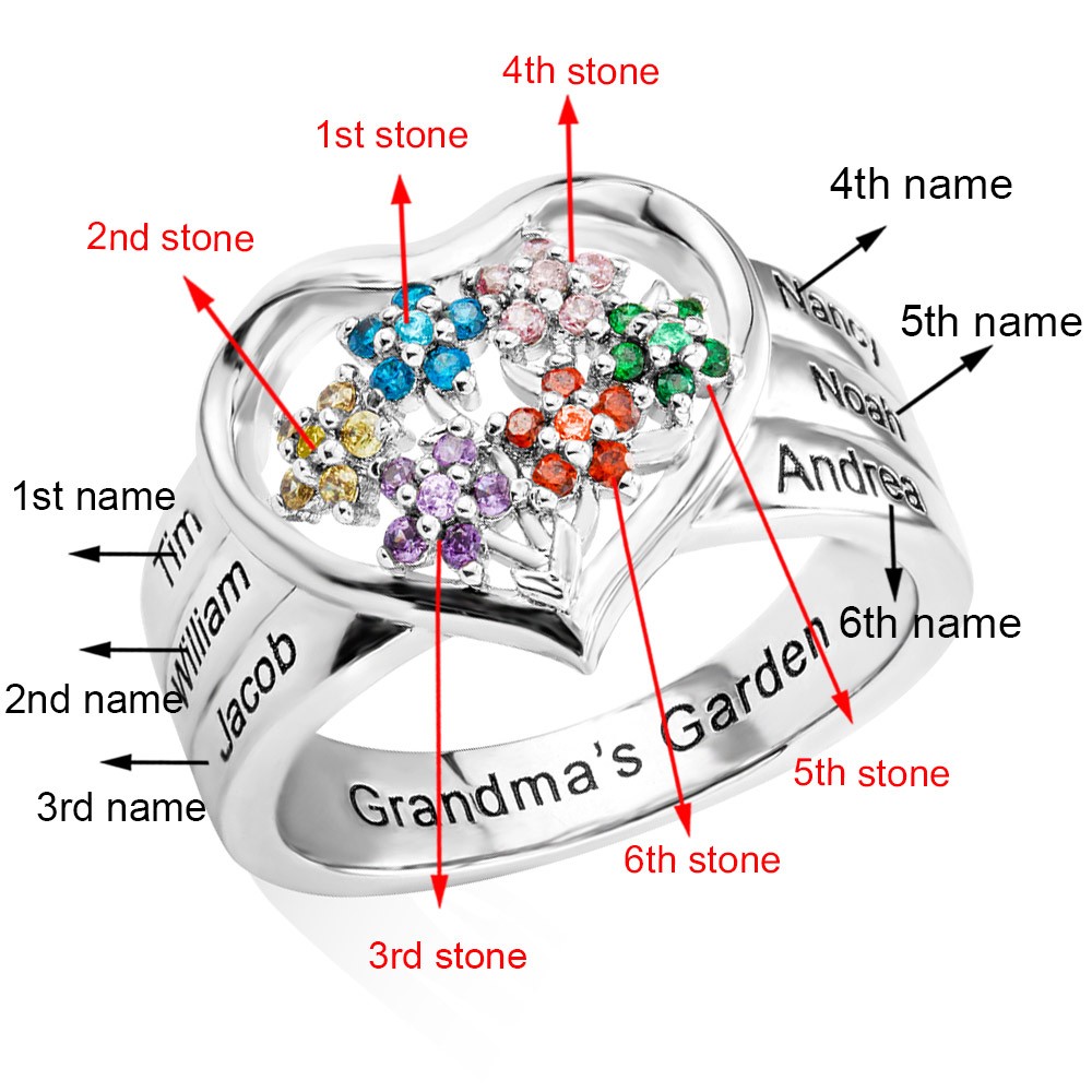 Custom 1-8 Birthstone Flower Ring with Engraving, Our Family Is A Garden Of Love Heart Ring, Flower Design Garden Family Ring for Grandmother/Mother
